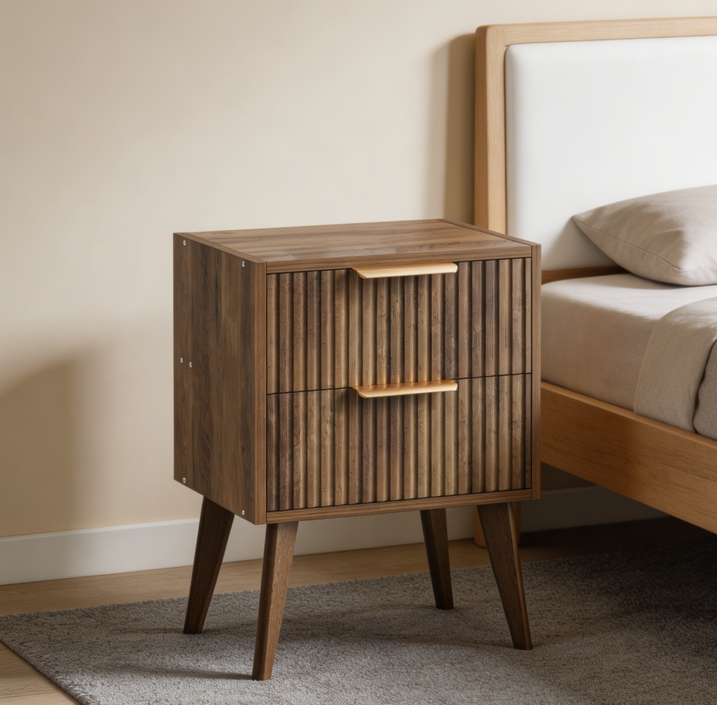 Walnut Brown Fluted Nightstand 2 Drawers 11 8x15 7x22 8