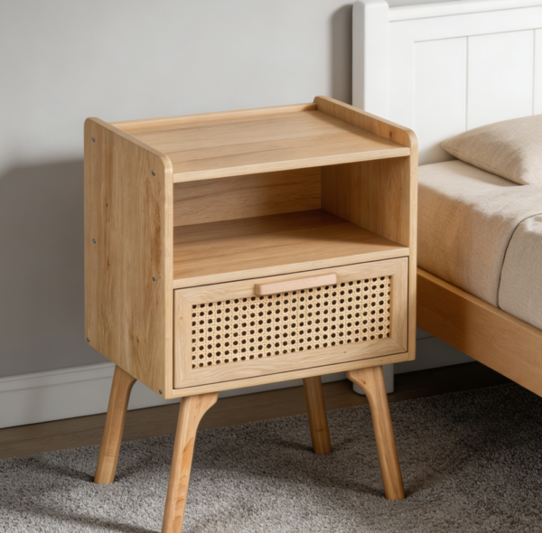 Natural Rattan Nightstand with Drawer and Shelf