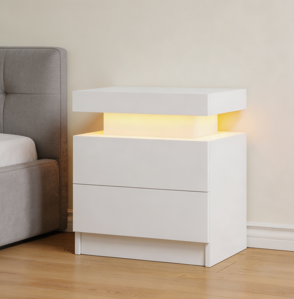 White LED Nightstand with 2 Drawers