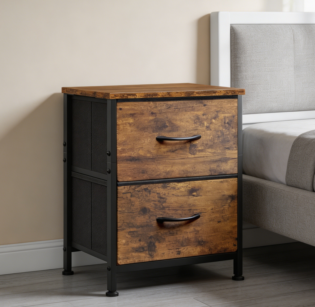 Rustic Brown Nightstand with 2 Fabric Bins